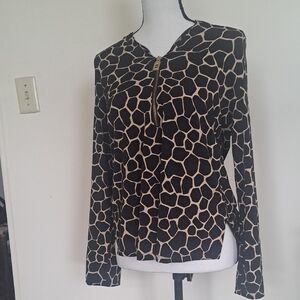 MICHAEL Michael Kors Giraffe-Print Zip Front Long Sleeve Top - Black & Tan